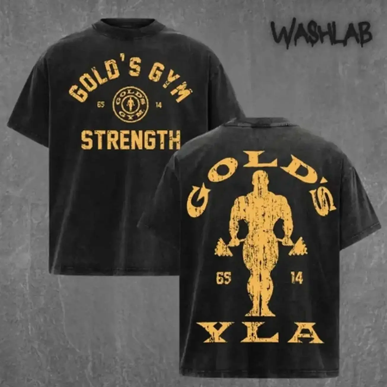 Retro Gold Gym Pump YoungLA Graphic Tee Washed – Double Sided Print Oversized Acid-Washed Heavyweight Cotton T-Shirt – Unisex Bodybuilding Tee, Perfect Gift for Muscle Gym Fans and Lovers Menswear Tops PGE BA5
