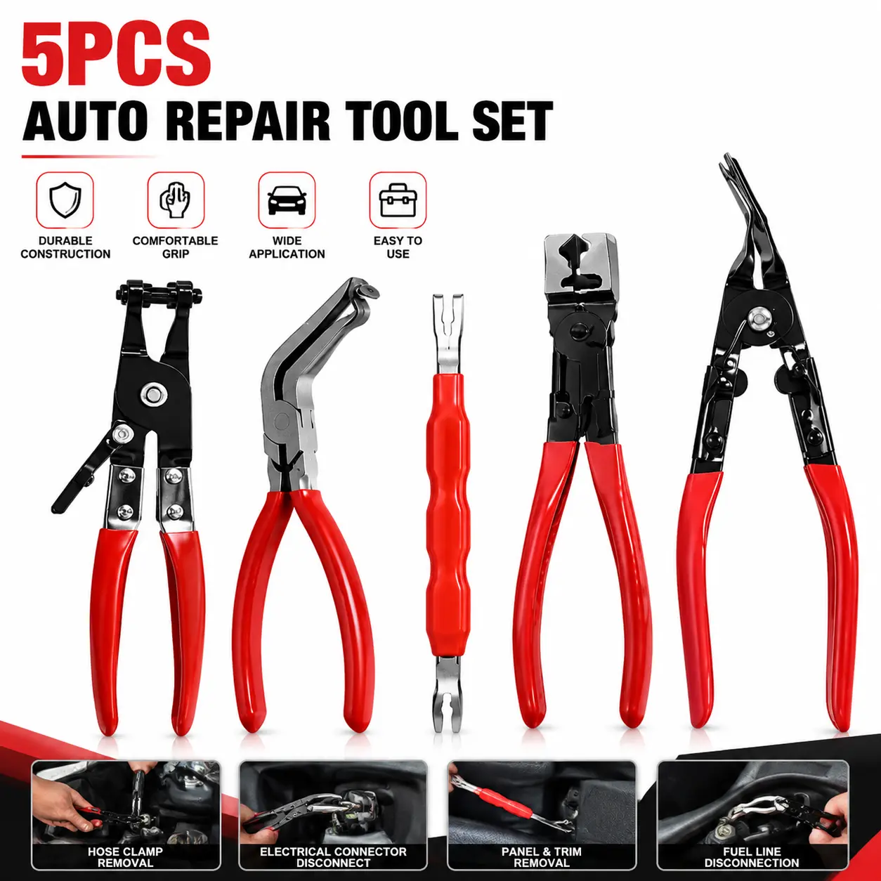 Combo Pack-Automotive repair pliers, automotive electrical disconnect pliers kits, high carbon steel connector splitters, hose clamps, automotive trim clip removal pliers, plug release tools, and wire terminal removal tools.