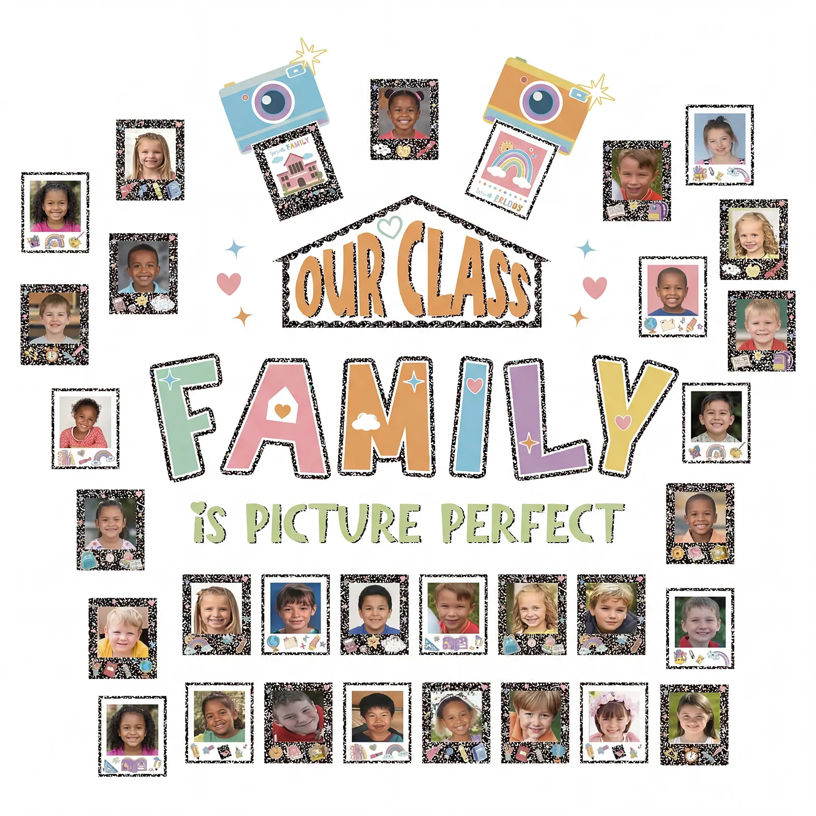 Gejoy Classroom Bulletin Board Decor, Our Class is a Family Picture Frame Bulletin Board Set for Teachers Cute Back to School Supplies for Teachers, Chalkboard Decor for Classroom Photo Wall for Kindergarten Elementary School