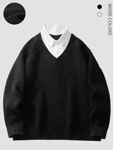 Men's Patchwork Raglan Sleeve Button Sweater, Casual Long Sleeve Collared Jumper for Fall & Winter, Men's Clothes for Daily Wear, Casual Chic Knitwear