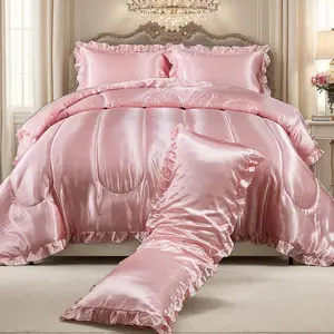 Queen Comforter Set Silk Like Bedding Set Hotel Soft Pink Bed Set Luxury Pillow Cover with Set Ruffle Down Comforter Home