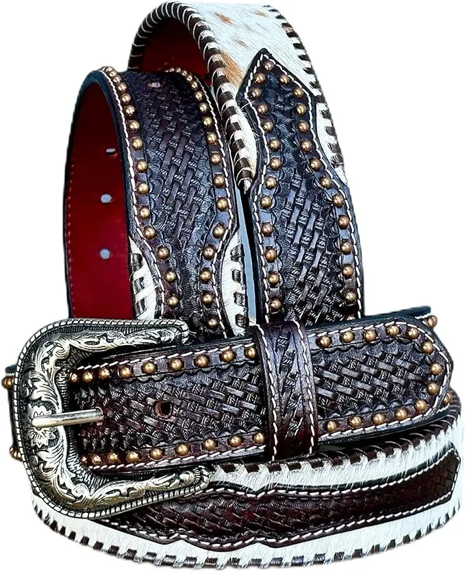 Western Leather Belt Y2K Vintage Style Belt For Men Made From Real Fur & Full Grain Leather Y2K Fur Belt Embroidered Cowboy Belt Handmade 1.5” Wide Belt With Buckle Engraved Tooled