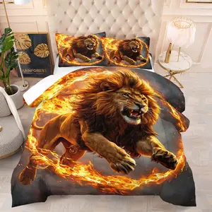 2/3 Pcs Fierce Lion Blazing Fire Comforter Set, Includes Light Warm Comforter & 1/2 Empty Pillowcases, Warm Fluffy Skin-friendly All-season, Fits Immersive Script Kill Hall/Dark-style Theme Homestay/Creative Gurus, Blazing Fire Fierce Lion Cyber Set
