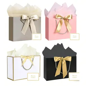 Set of 1/5 Horizontal Gift Bags with Ribbon & Card, Portable Paper Handle Bags for Birthdays, Weddings, Mother's Day Gifts, Party Gift Packs
