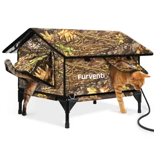Heated Cat House for Outside,Extremely Weatherproof&Insulated in Winter,Elevated Outdoor Cat Shelter with Waterproof Eaves&Escape Door for Feral Stray Barn Cats