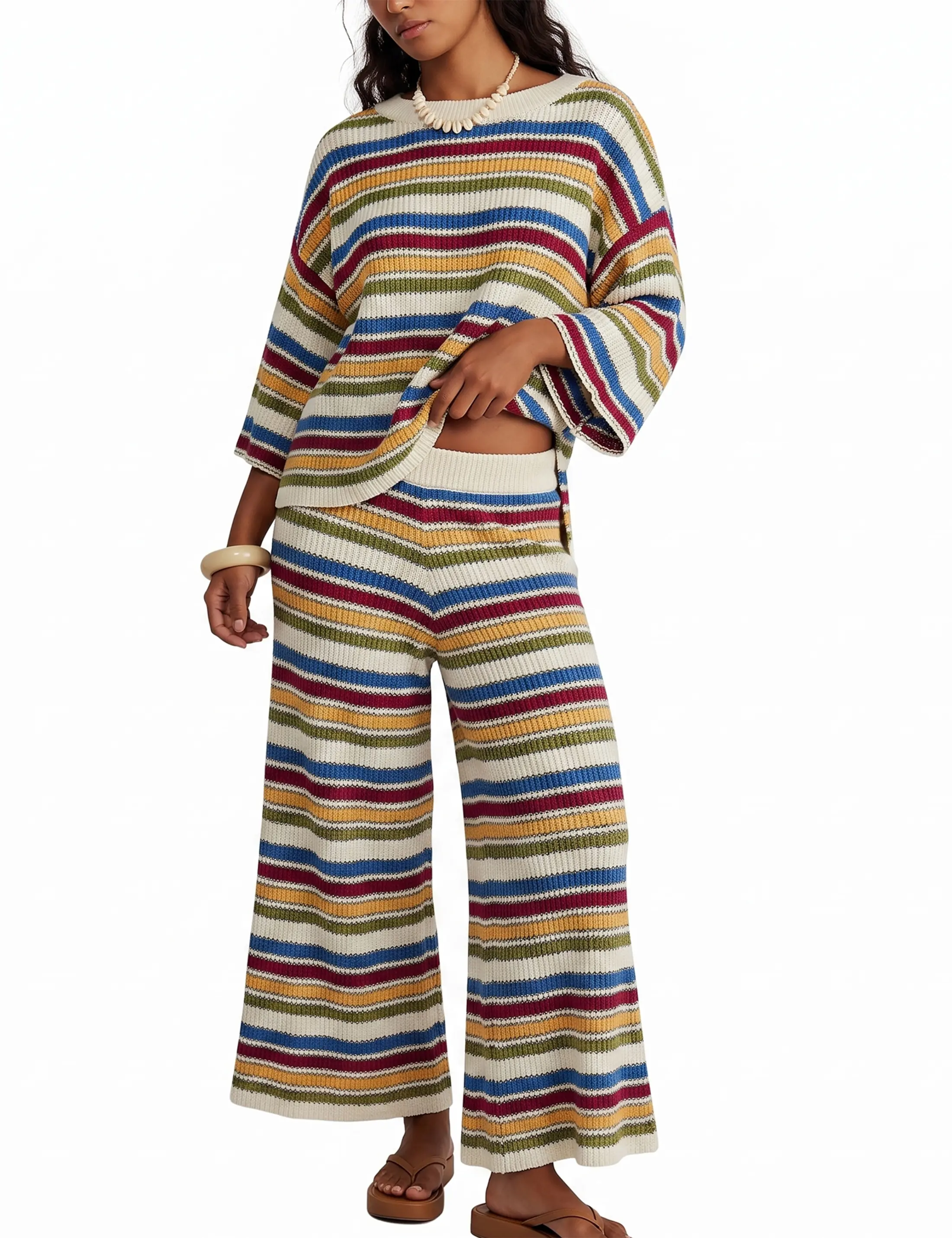 Buenoble Women’s Rainbow Striped Knit 2 Piece Set Oversized Sweater Top & High Waist Wide Leg Pants