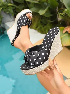 2026 French Polka Dot Bow Wedge Sandals, Thick Sole Heel Lift, Comfortable Outdoor One-Piece Slippers, Stylish and Practical Footwear