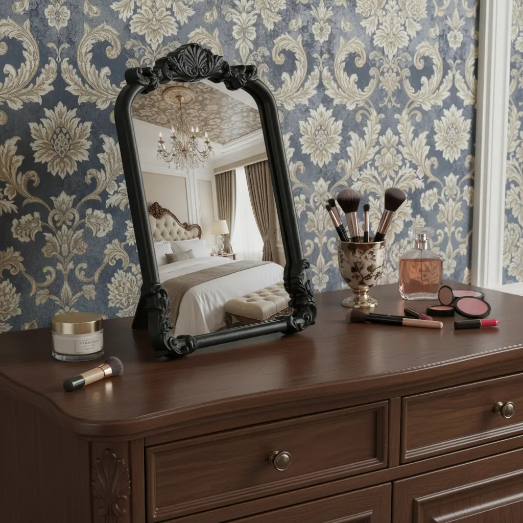 12-in Black Solid Wood Scalloped Frame Glass Countertop Makeup Mirror - Freestanding Accessory for Bathroom, Floral-Inspired Decor, Meeting Makeup Needs