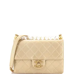 Pre-owned CHANEL Leather, Acrylic Shoulder Bags Chic Pearls Flap Bag Quilted Goatskin with Acrylic Beads Small by Rebag