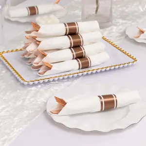 Set of 24 Plastic Silverware with Pre-Rolled White Paper Napkins Rose Gold - Disposable Wrapped Cutlery Set