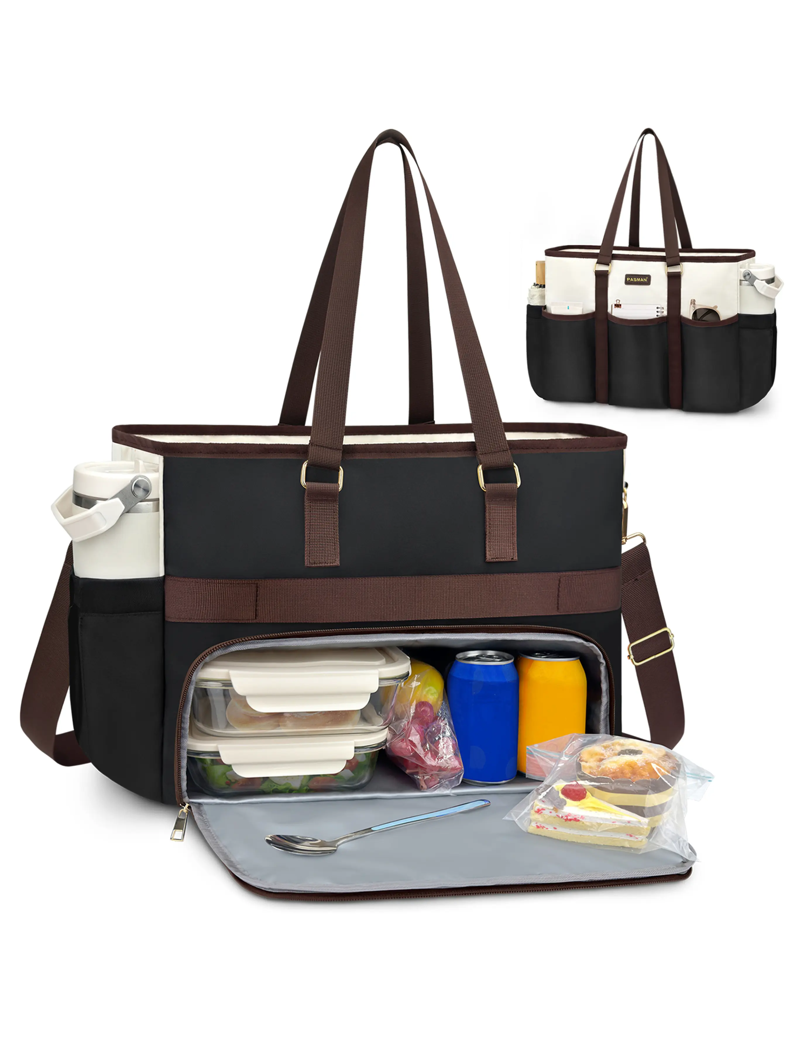 Women's Lunch Bag with Large Cup Holder, 15.6 Inch Laptop Case, Multifunctional Professional Computer Bag for Work Nurses, Durable Insulated Bag