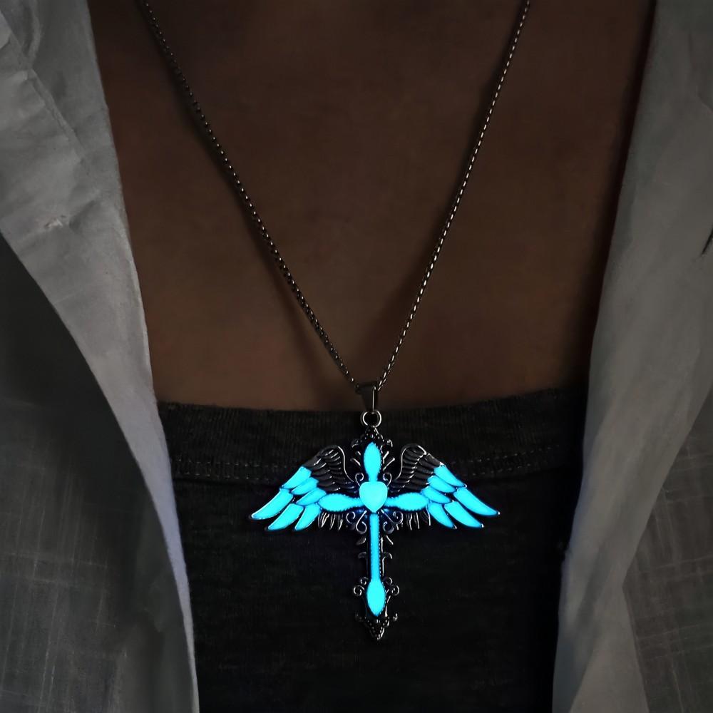 QIMENGLAI Winged Cross Luminous Pendant Necklace, Unique Versatile Eco-Plated Anti-Allergy Titanium Steel Chain, Glow-in-Dark Casual Wear Adjustable Gold Vacuum Birthstone Jewelry for Men Women