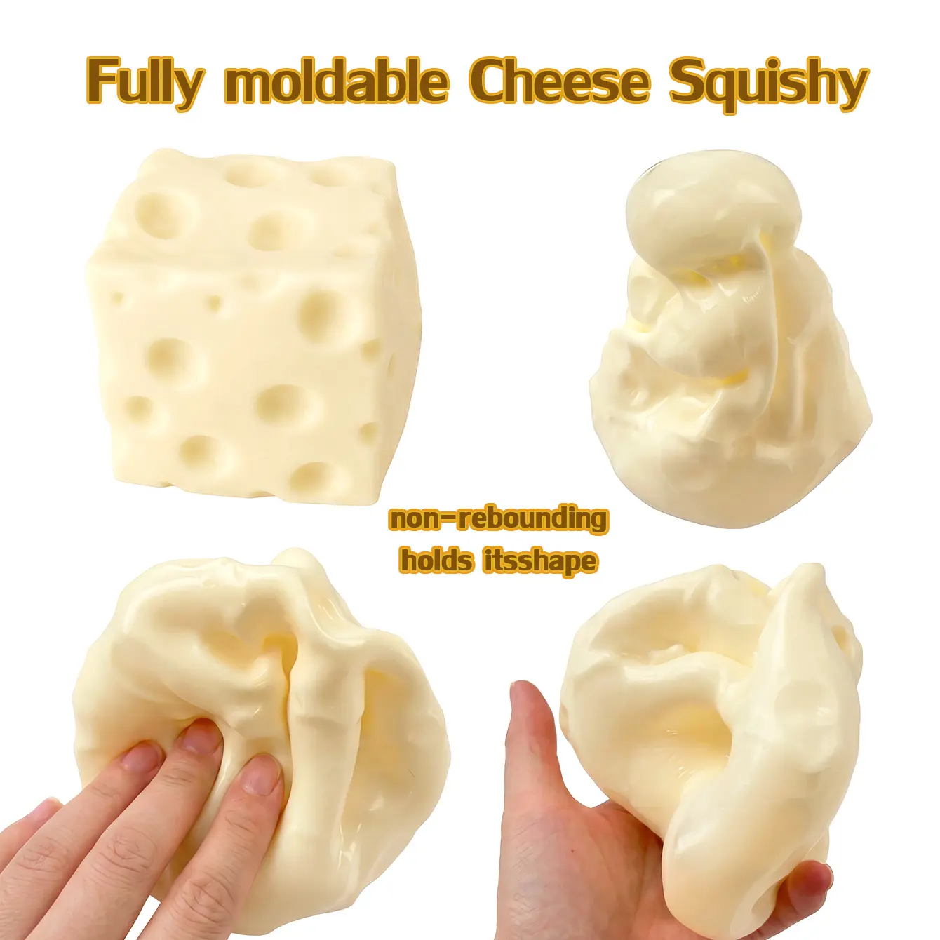Non-Rebounding Cheese Squishy Toy, 1-Piece Soft Moldable Fidget Toy with Realistic Swiss Cheese Cube Design, Stretchable Squeezable Poke Toy for Sensory Play, Desk Breaks, Party Favors and Novelty Gifts