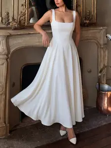 New Summer Autumn Women's Solid Color Long Dress, Square Neck Sleeveless Zipper Design, Flowy A-Line Skirt, Elegant Fashionable Sexy Versatile