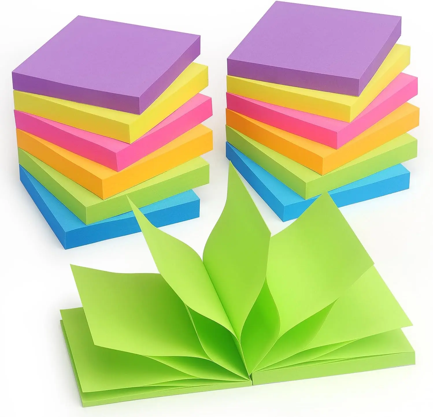 Accordion-Style Sticky Notes, 3x3 in Bright Colors, 12 Pack 1200 Sheets Self-Stick Recyclable Office Accessories for Reminders