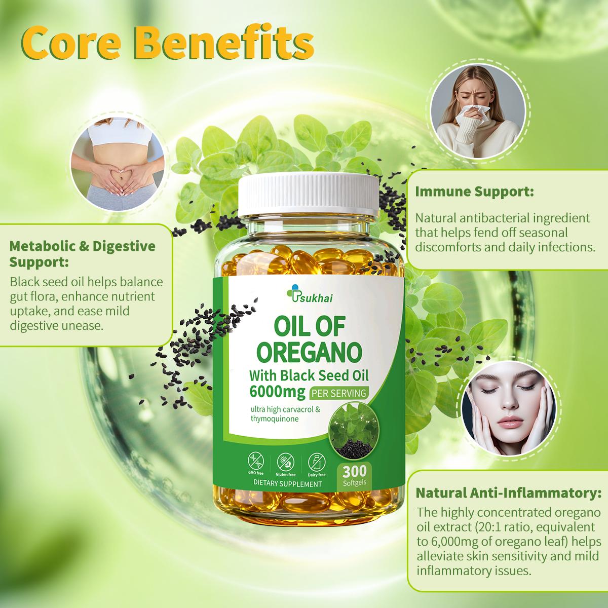 Oil of Oregano with Black Seed Oil 300 Capsules, Natural Antioxidants oil of aceite de oregano Nutritional Support Highly Effective Botanicals Dietary Healthcare Supplement
