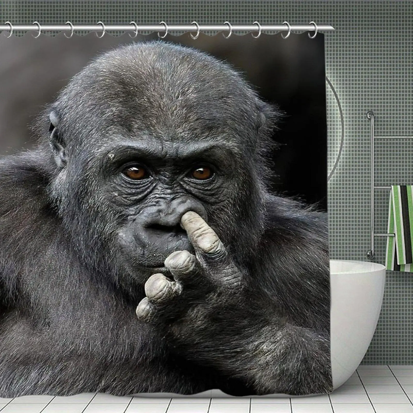 Funny Gorilla Shower Curtain, Gorilla Picking Nose Close Up Portrait, Humorous Primate Meme Bathroom Decor, Weird Animal Shower Curtain