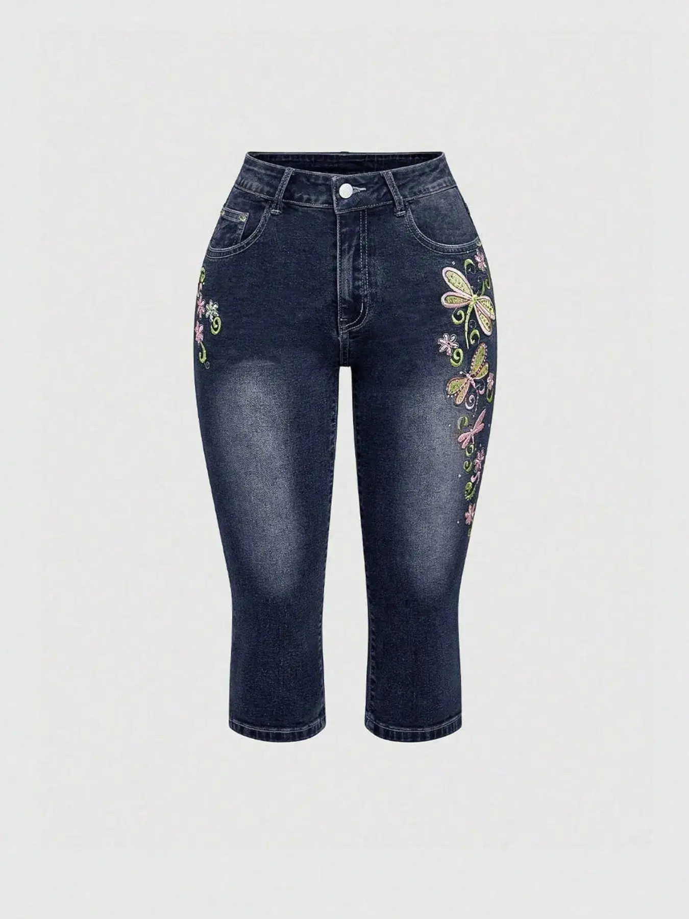 Women Retro Dragonfly Embroidery Capri Denim Pants Y2K Stretchy Daily 2026