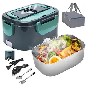 Nifogo Heated Portable Lunch Box for Adults 12V 24V 110V Car Truck Office 304 Stainless Steel Container with Fork Spoon Carry Bag Leak Proof Design
