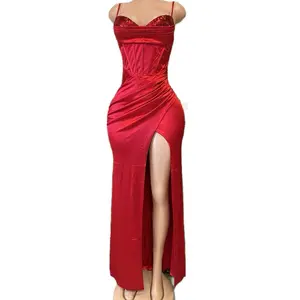 Elegant Red Satin Dress for Women with High Slit and Spaghetti Straps Perfect for Formal Events