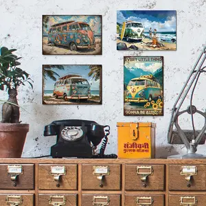 Hippie VW Bus Wall Art Set - 'LOVE & SUNFLOWER' Retro Van Canvas Surf Beach Mountain Landscape Print with Inspirational Quotes - 4 Piece Set