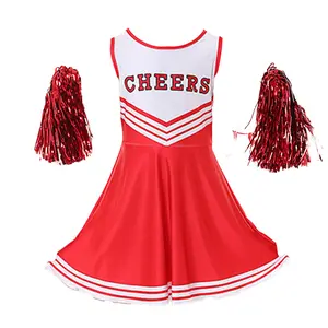 Girls Cheerleader Costumes Dresses Cheerleading Outfit Cheer Uniform Pom Poms Princess Dress