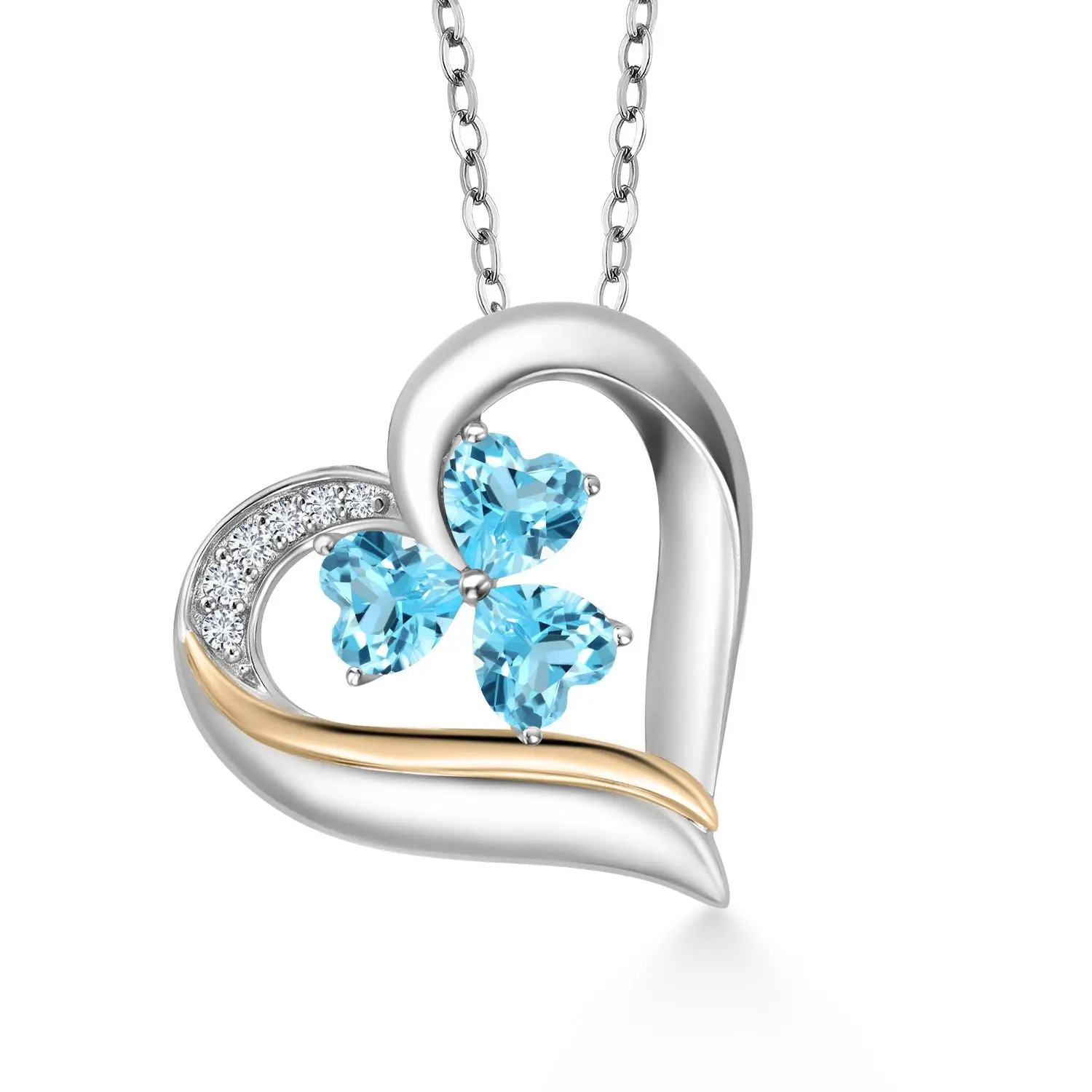 925 Sterling Silver and 10k Yellow Gold Swiss Blue Topaz and White Lab Grown Diamond 3-Stone Pendant Necklace For Women (1.69 Cttw, Gemstone Birthstone, Heart Shape 5MM, 18 Inch Chain)