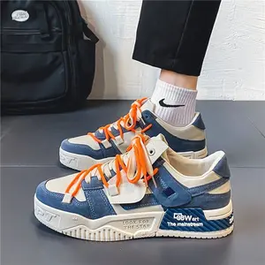Men's Summer Low-Top Sneakers - Breathable Fabric & PU Cushioned Anti-Slip Sole, Navy Blue & Casual Skate Shoes with Orange Laces for Urban Streetwear, Youth Fashion Footwear, Modern Canvas Shoes, Durable Traction Footwear, Trendy Design, Lightweight Cons