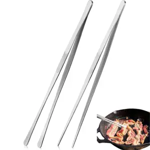 Long Handle Kitchen Tongs Tweezers 2PCS 12 Inch Stainless Steel Kitchen Utensils, Barbecue Utensils Metal Fine with Precision Serrated Tips for Chef Serving Food Grill Culinary Pasta Salad BBQ Seafood Frying Plating Crafts Repair Father's Day Gift