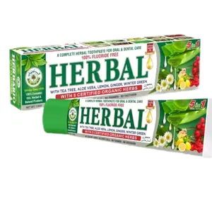 Herbal Toothpaste with 5 Certified Organic Herbs - 100% Fluoride Free, Tea Tree, Aloe Vera, Lemon, Ginger, Winter Green