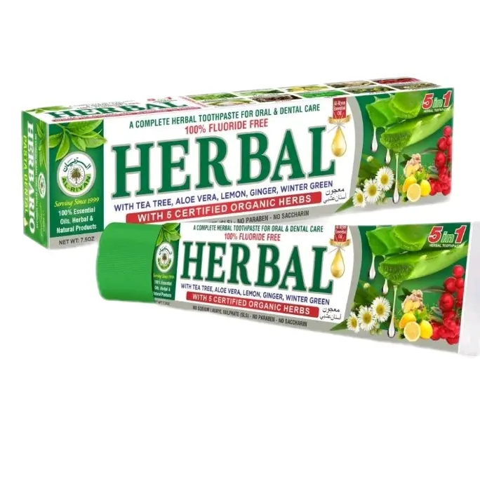 Herbal Toothpaste with 5 Certified Organic Herbs - 100% Fluoride Free, Tea Tree, Aloe Vera, Lemon, Ginger, Winter Green