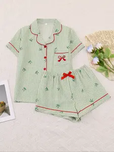 Women's Two-Piece Cozy Matching Casual Sleepwear Nightwear Pajama Set Pjs, Striped Short Sleeve Button-Up Fitted Top and Pants with Bow Print, All-Season Breathable Casual Home Wear Loungewear Pyjamas