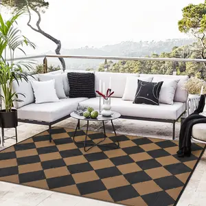 Garvee Outdoor Rug 9x12, Reversible Plastic Straw Mat with Carry Bag, Easy to Clean Checkered Floor Carpet for RV, Patio, Camping, Deck, Picnic(Black Brown)