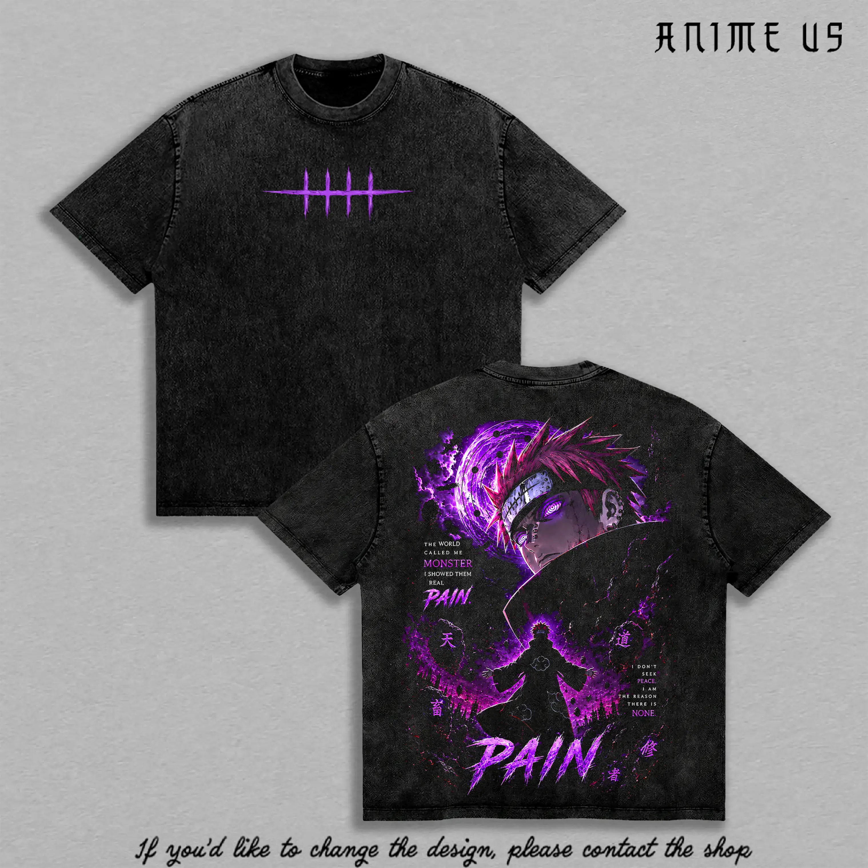 Pain Nagato Naruto Shippuden Akatsuki Leader Rinnegan Almighty Push Vintage Washed Oversized T-Shirt,Anime Graphic Tee, Heavyweight Cotton Streetwear