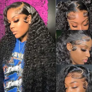 30 Inch Deep Wave Lace Front Wigs Blended Human Hair 200 Density 13x4 HD Lace Frontal Wigs Pre Plucked Deep Curly Glueless Wigs for Women Natural Black