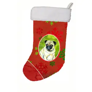 Carolines Treasures  Pug Red and Green Snowflakes Holiday Christmas Christmas Stocking - 11 x 18 in.