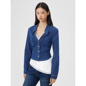Cider Stretch Denim Collar Ruched Metal Button Blouse SwimWeek