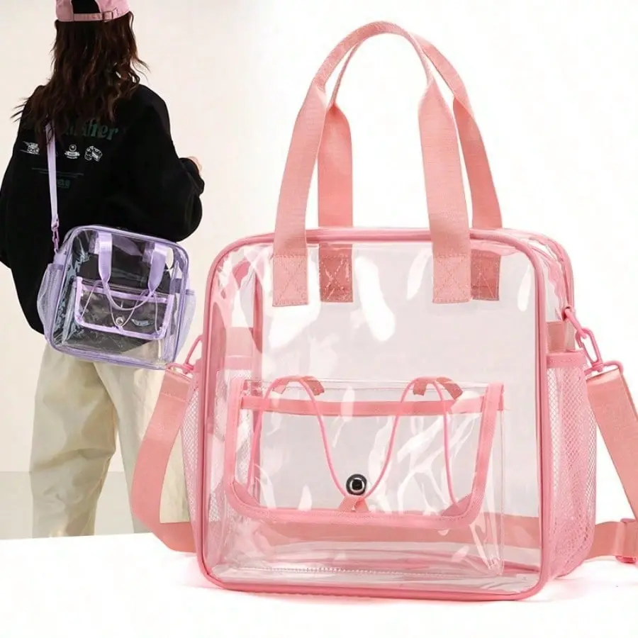 Large Capacity Stadium Approved Transparent PVC Tote Bag Shoulder Bag Clear Bag Sport  Lightweight Daily Crossbody Bag For Women/Unisex Handbag For Concert Sport School Swimming Travel Vacation See Through Storage Bag shower Foldable Reusable