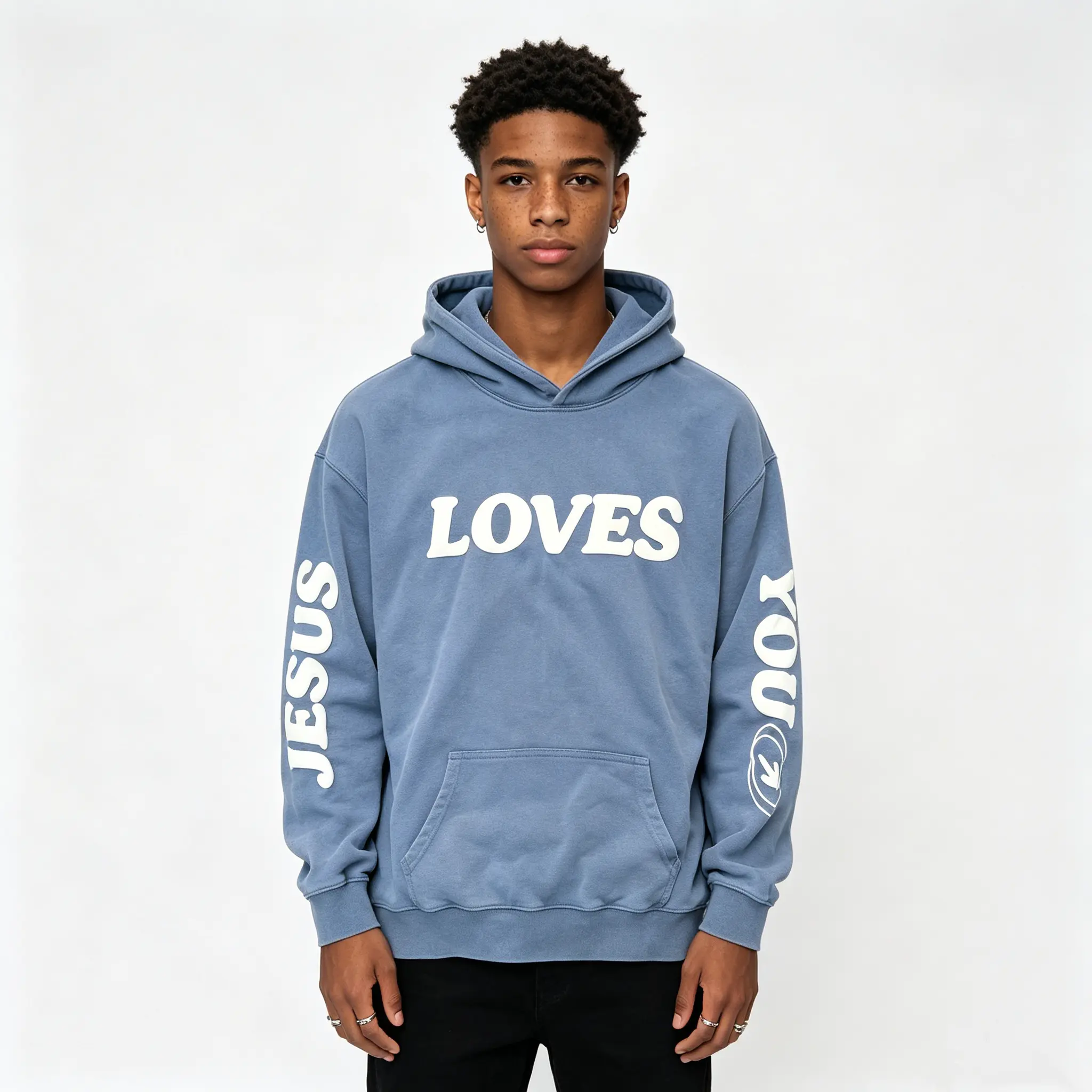 SOPULA Unisex Graphic Hoodie, Casual Heavyweight Washed Cotton Blend Pullover with "Jesus Loves You" Puff Print, Graphic Hoodies, Casual Cozy Sweatshirt, S, M, Fitted, Front Print, Washed Look, Long Sleeve, Pullover Hoodie
