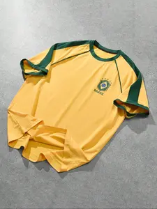 Men's Brazil Flag Print Short Sleeve Tee, Casual Loose Fit Crew Neck Athletic Activewear Sports T-shirt for Daily Wear, Men's Top for All Seasons