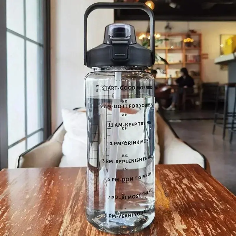 2L Portable Sport Water Bottle Large Capacity Plastic Straw Water Cup Drink Bottle with Time Marker for Outdoor Sports Fitness