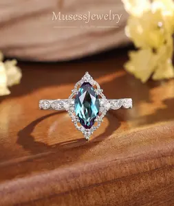 Color-Changing Marquise Alexandrite Engagement Ring in Solid 18k White Gold with Diamond Moissanite Halo, Vintage Milgrain Detail, Handmade June Birthstone Promise Ring, Personalized Bridal Jewelry, US 3-13 sizes, Free USA Shipping, Lifetime Warranty