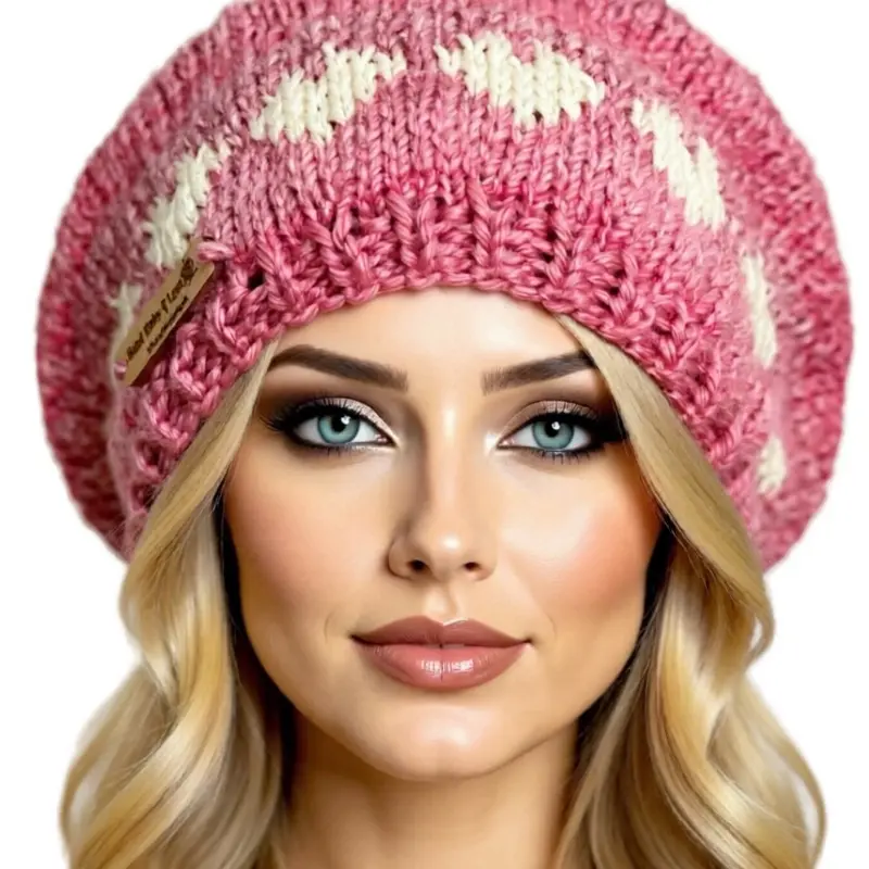 Hand Knits 2 Love Slouch Winter Hat Beanie Hearts Ombre Pink Designer Fashion Faux Fur Pom Pom