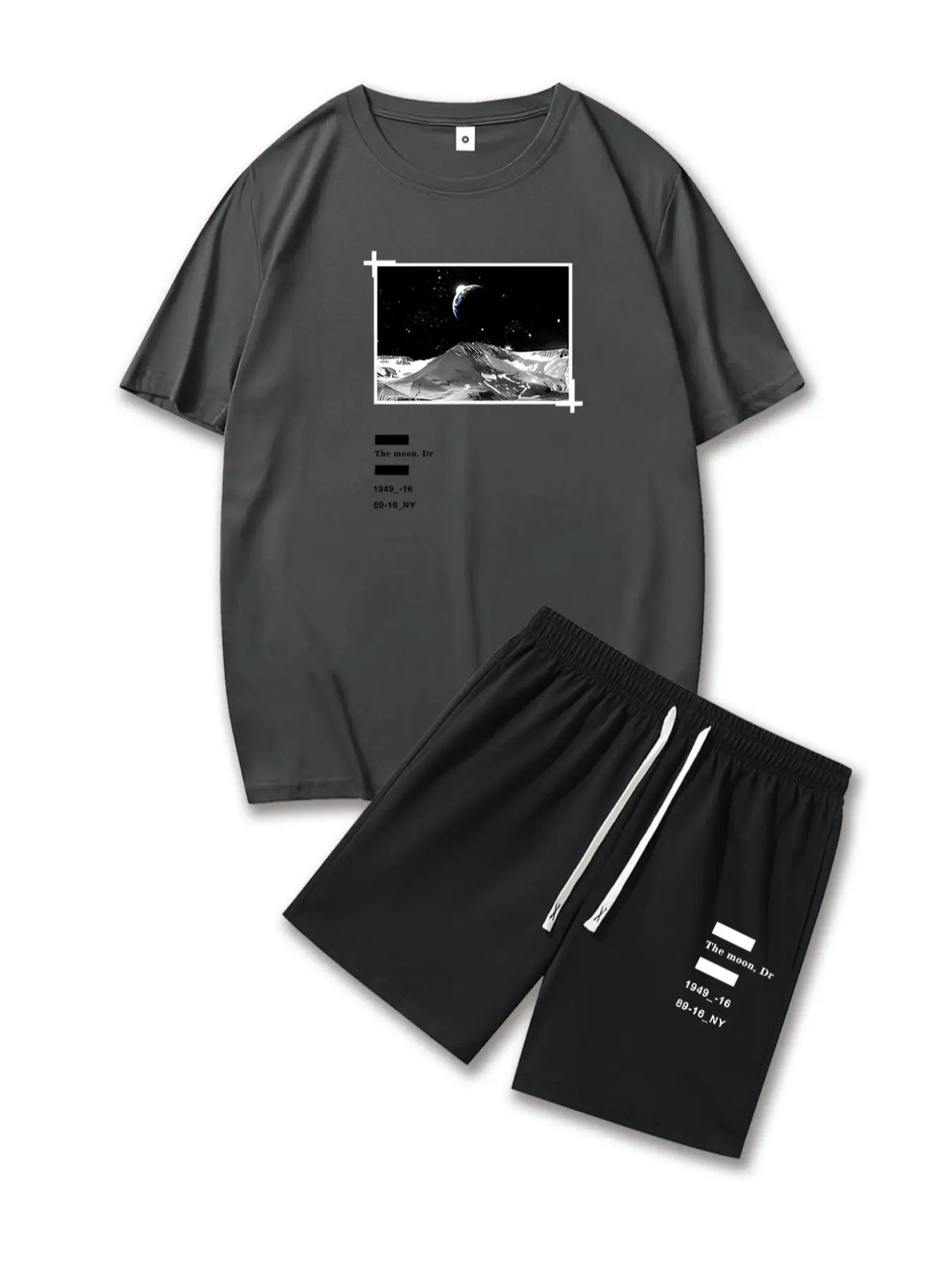 Men's Summer Clothes, Round Neck Shortsleeve Graphic Tee & Drawstring Waist Shorts Set, Loose Stylish Crew Neck Short Sleeve Moon Printed T-shirt & Tr