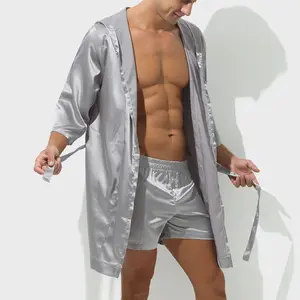 Raw Street Wear Mens Hooded Bathrobe Shorts Set Pajamas Night Robe Dress Gown Male Silk Satin Nightgown Kimono Bathrobe Sleepwear House Robe Men
