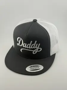 Yupoong Unisex Daddy Snapback Cap - Black Fabric, Bold White Script Embroidery, Breathable Sides, Flat Brim, Dad Vibes, Dadcore, Fatherhood Graphic, Styling Cap, Premium Fitted Fashion Accessory, Dad Vibes Hats, Dadcore Hats