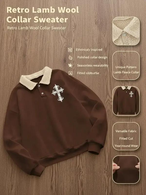 Trendy Retro Lamb Wool Collar Sweatshirt, Cross Print Polo Shirt, Comfortable Casual Wear for All Seasons, Fitted Design