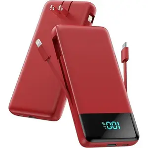 Portable Power Bank with Built-in Cables, 25W PD Fast Charging, 6 Output Ports, Compatible with iPhone 16/15/14/13/12, Android (Red, 10000mAh)