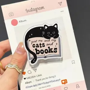 Cute Black Cat Reading Book MagSafe Phone Grip – Magnetic Pop Socket & Kickstand – Book Lover Cat Mom Gift