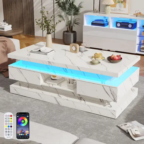 47.2 in Modern High-Gloss Customizable LED Coffee Table - Black Solid Indoor Furniture, Wide Top Fits Coffee/Books/Decor, Clutter-Free Top, Tiny Apartment Space-Saving, 2 Hidden Sliding Drawers, Double-Deck Design, Easy Setup, Assembly Required